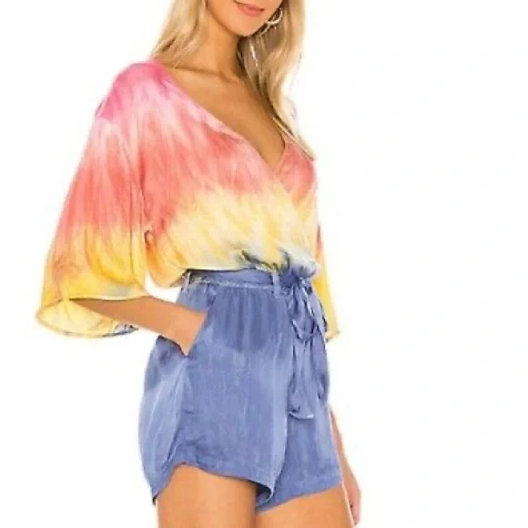 Chaser Romper women’s small Pastel Rainbow Prism Tie Dye V-neck Wrap boho urban - Picture 7 of 8